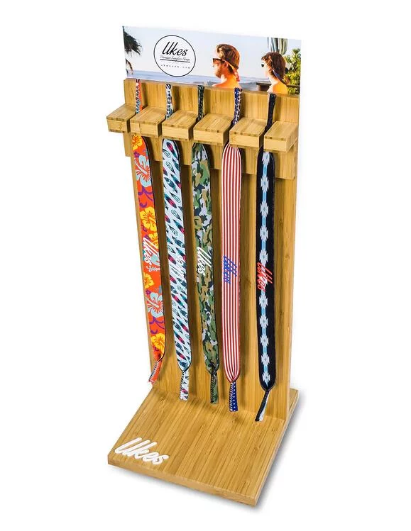 Ukes sunglass straps pop retail display. Bamboo eco friendly display
